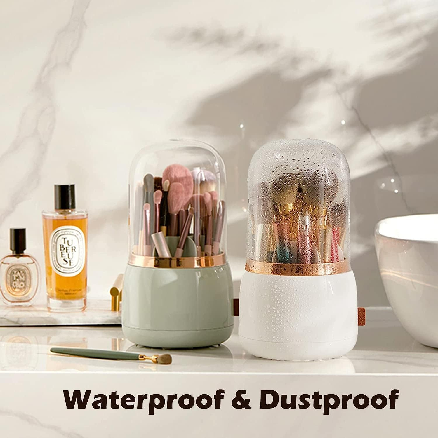 KEPTFIT Makeup Brush Holder, Dustproof & Waterproof Cosmetics Makeup Brush Organizer Storage with Lid for Vanity and Bathroom (Light Green) image number 2