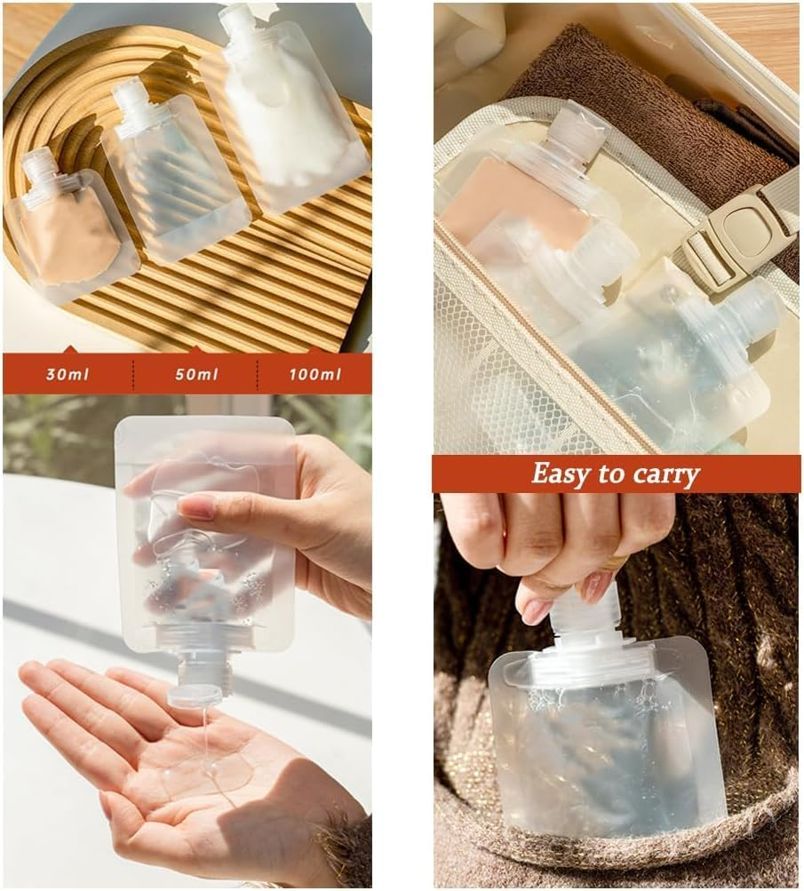 24 Pcs Portable Travel Makeup Packing Bag, 30Ml+50Ml+100Ml Leak Proof Refillable Empty Squeeze Pouch, Transparent Clamshell Packaging Bag Plastic Stand up Spout Pouch for for Vacation Travel. image number 6