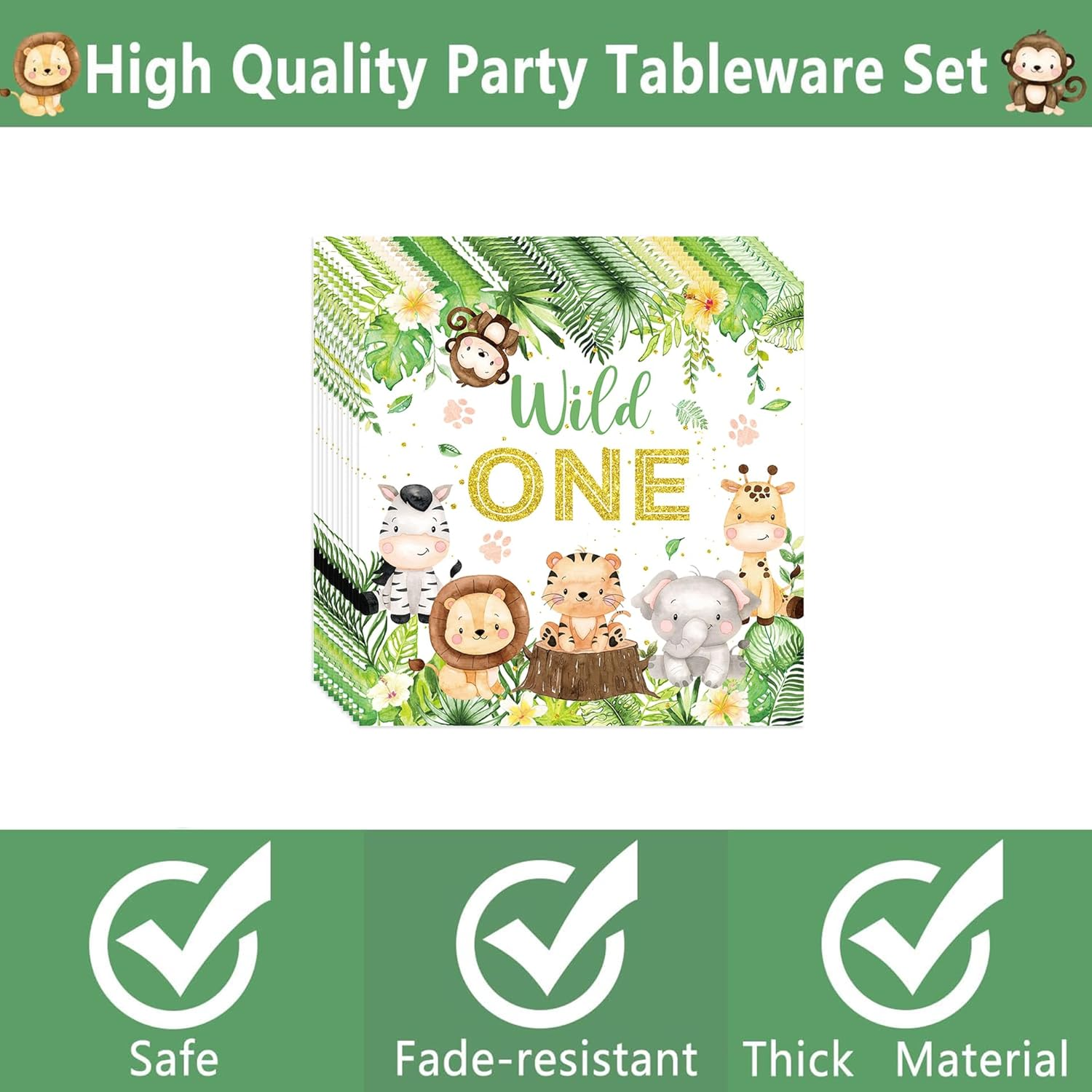 Wild One Birthday Decorations Tableware - Safari Birthday Decorations Including Plates, Cups, Napkins, Animal Jungle Theme Wild One Party Supplies (Serve 25)