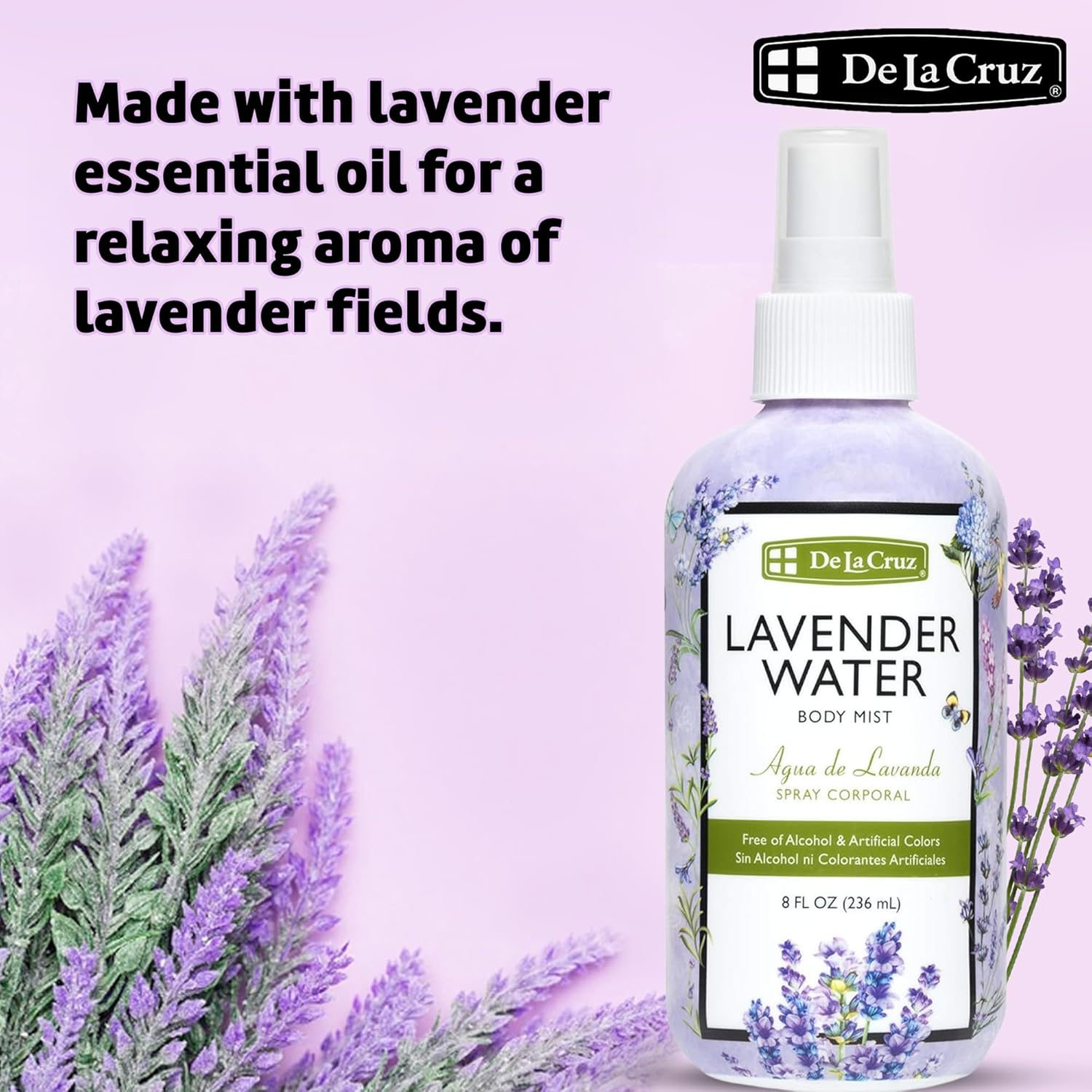 De La Cruz Lavender Water Body Mist - Lavender Spray Body Mist with Pure Lavender Essential Oil 8 Fl Oz (236 Ml) image number 4