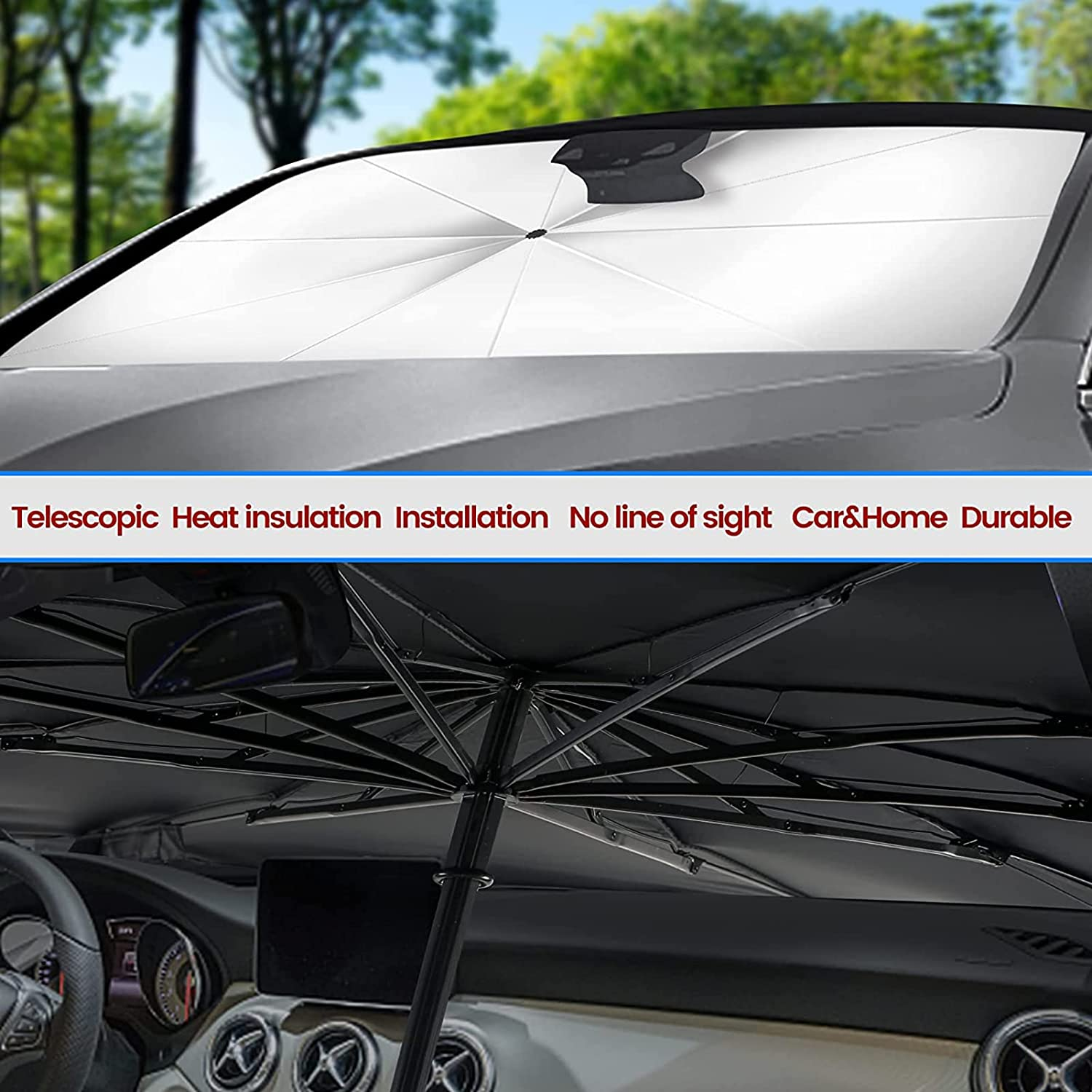 Car Windshield Sunshade Umbrella,Foldable Front Window Sunshade, UV Protection Sun Shade Umbrella with 2 Side Window Suns,Windshield Cover 55"X31"For Most Car image number 2