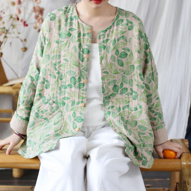 Women'S Vintage Batwing Sleeve Cotton Linen Jacket Retro Ethnic round Neck Spring Tops image number 6