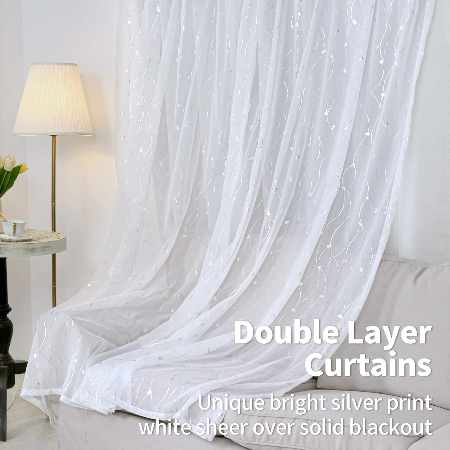 Bgment White Blackout Curtains with Sheer Overlay, Double Layer Nursery Drapes Grommet Silver Printed Thermal Insulated Panels for Bedroom/Living/Kide Room, 2 Panels Each 52 X 84 Inch, Greyish White image number 6
