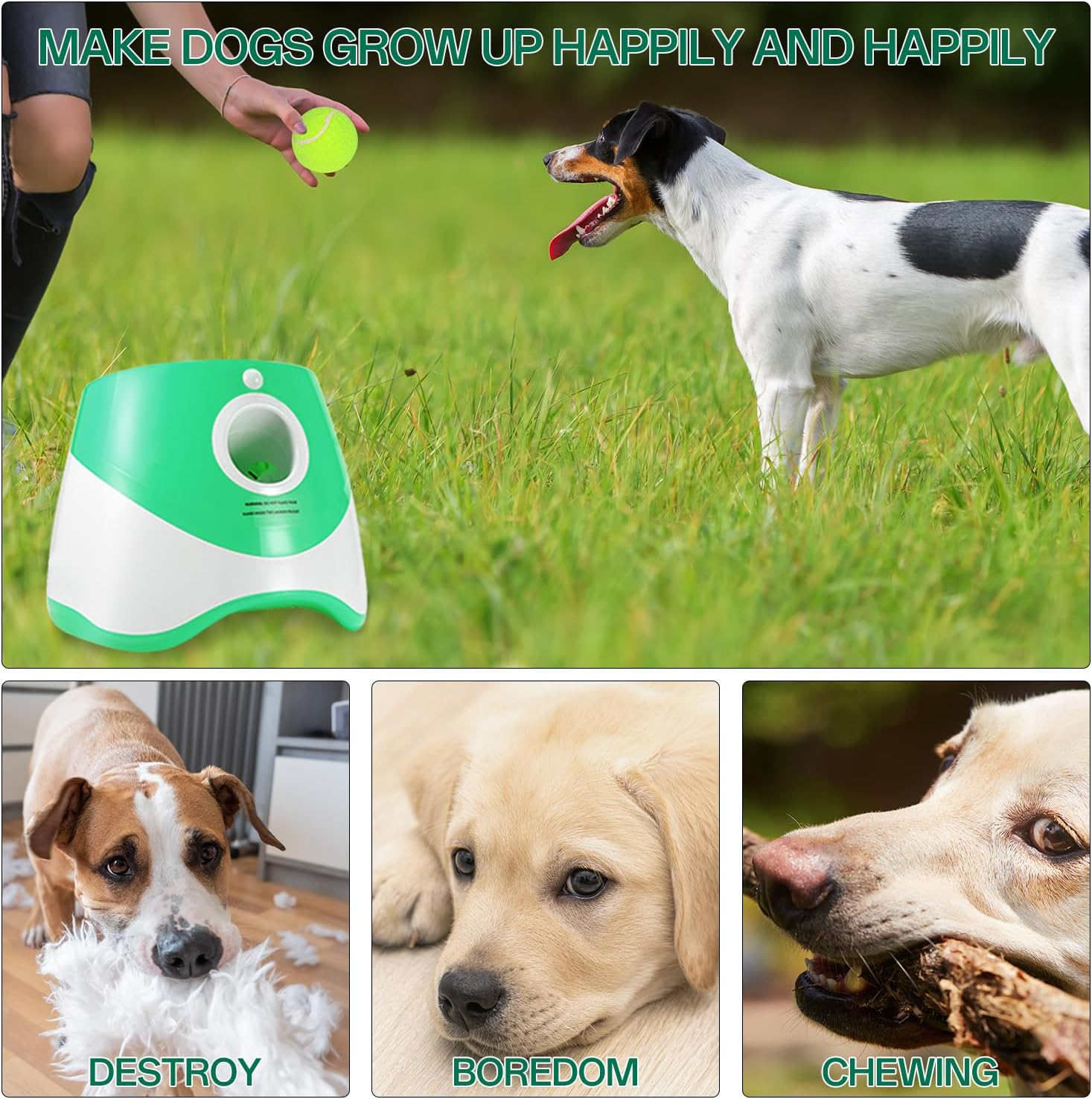 Automatic Dog Ball Launcher - Fetch Machine for Small Dogs, 3 Launch Distances, 12 Balls, Rechargeable (Green) image number 2