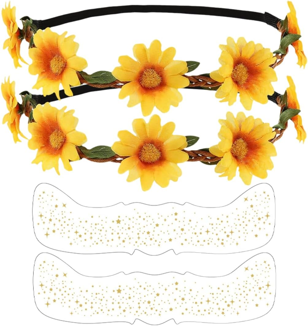 LQIOACU Pack of 2 Flower Wreath Sunflower, Headband Girls Spring, Sunflower Costume Women, Flower Decoration Hair, with 2 Children'S Tattoos