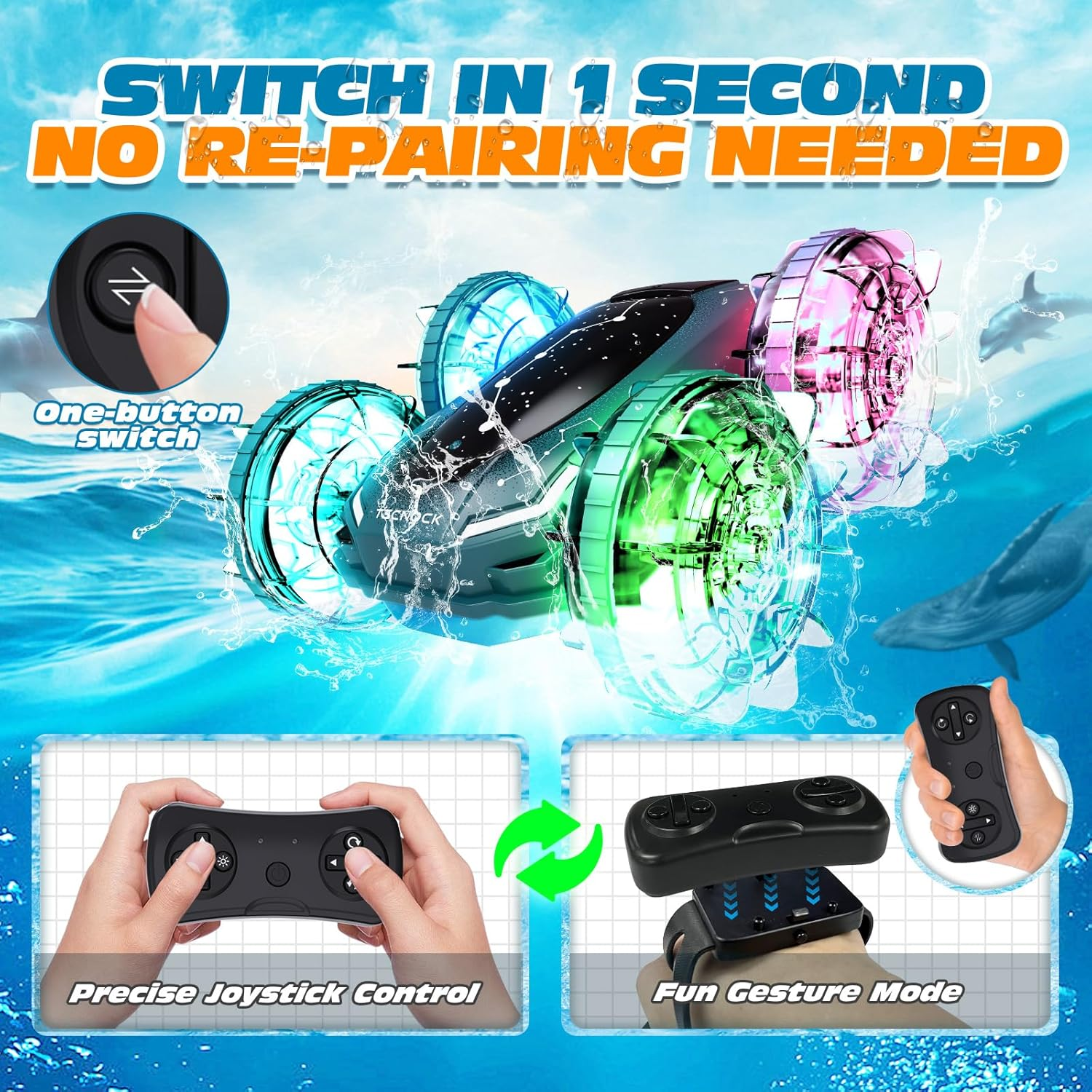 Tecnock Amphibious Remote Control Car Boat, 4WD Gesture RC Cars with Magnetic Charging, 60 Min Playtime, LED Lights, Pool Toys for Kids Ages 6-12, Toys for Boys Girls image number 3