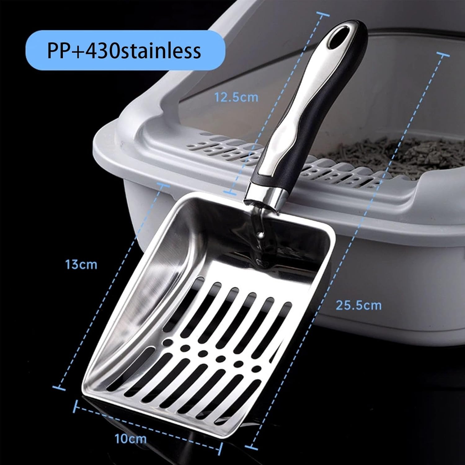 Cat Litter Scoop，Stainless Steel Scooper，Long Handle，Easy to Clean (Black) image number 1