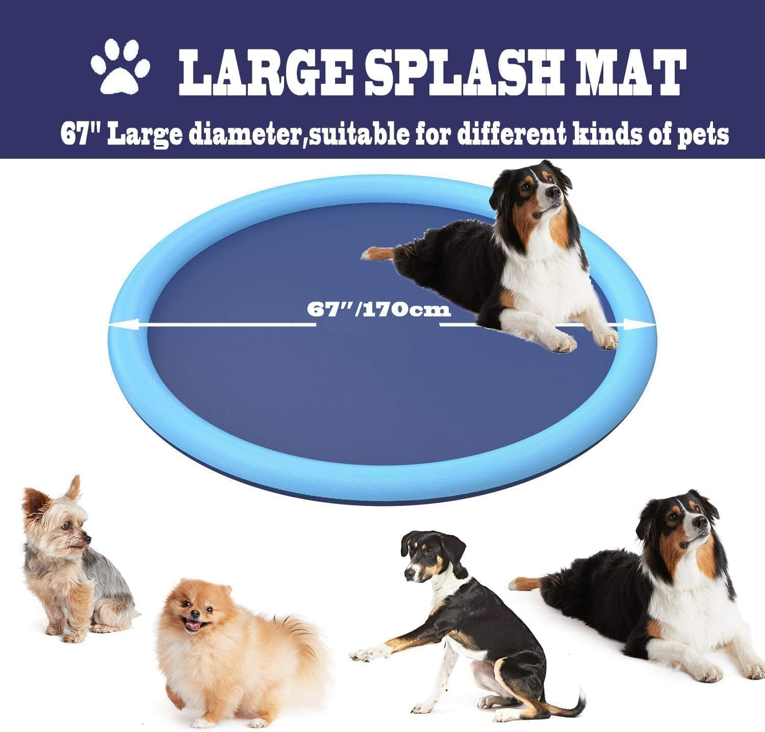 Splash Pad for Kids and Dogs, Non-Slip Sprinkler Pad Thicken Pool Summer Outdoor Water Toys, Backyard Fountain Play Mat for Baby Toddlers Boys Girls Pet(67Inch) image number 5