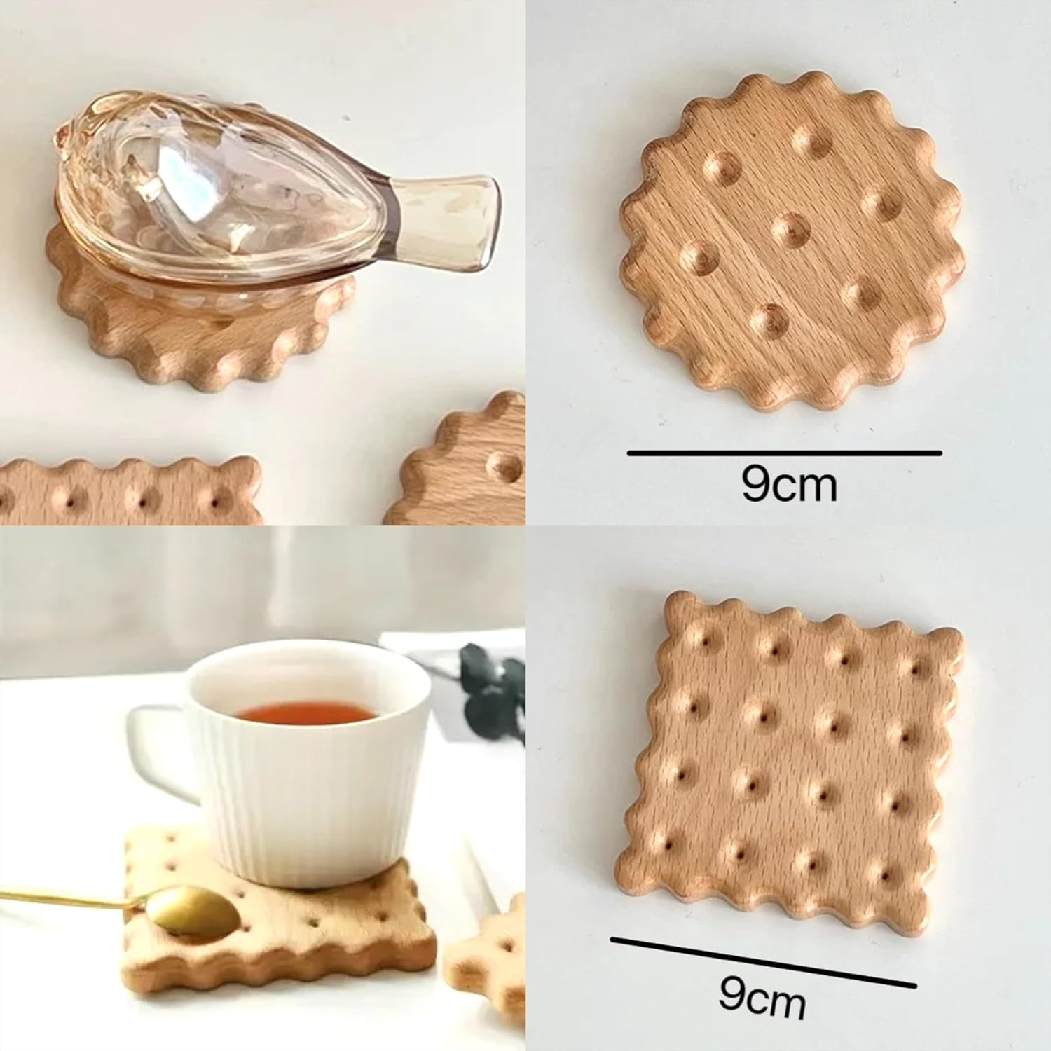4PCS Wooden Drink Coasters Coaster Set | Square and round Biscuit Design | Wood, Natural | Home Decor, Kitchen | Cups and Mugs, Drinkware image number 1
