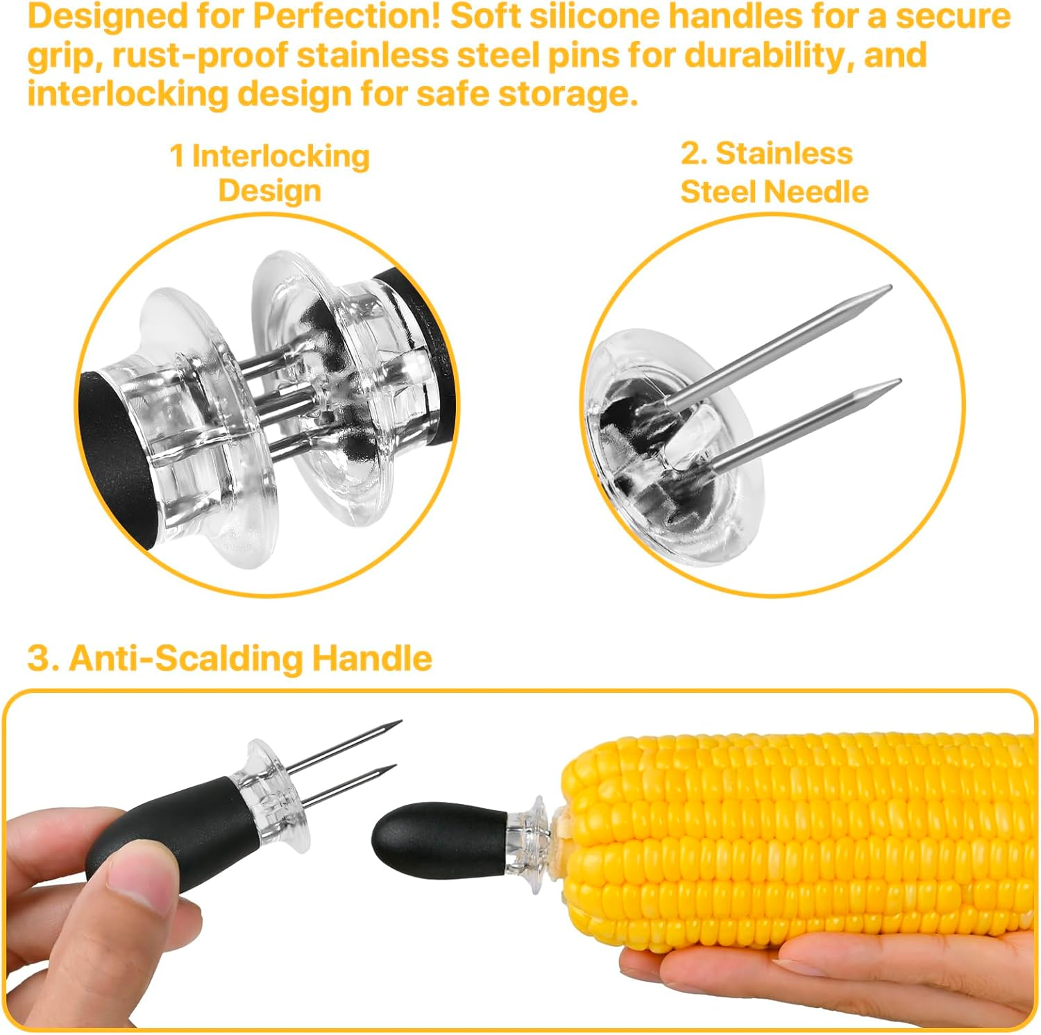 Corn on the Cob Holders Set - 5 Pairs Corn Holders with Soft Silicone Handles & Stainless Steel Pins, Vibrant Color Corn Cob Skewers, Easy-Grip Corn Sticks for Mess-Free Eating with Storage Box. image number 1