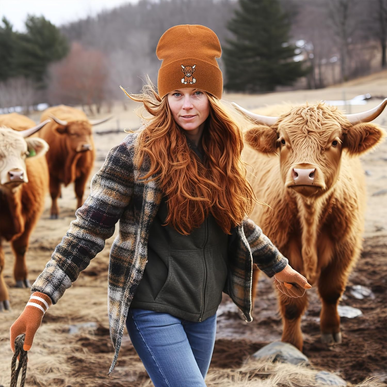 Vansolinne Highland Cow Beanie Hat and Gloves Women Winter Knitted Hat and Gloves Highland Scottish Cow Soft Cap and Gloves for Cold Weather Winter Accessories Gift for Her, Brown, Standard image number 1