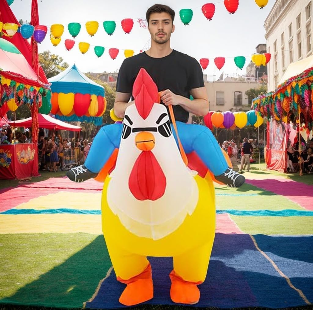 Inflatable Costume, Adult Costume, Ride-On Chicken Funny Costume, Halloween and Christmas for Men, Women and Kids, Rooster (Yellow, Adult)