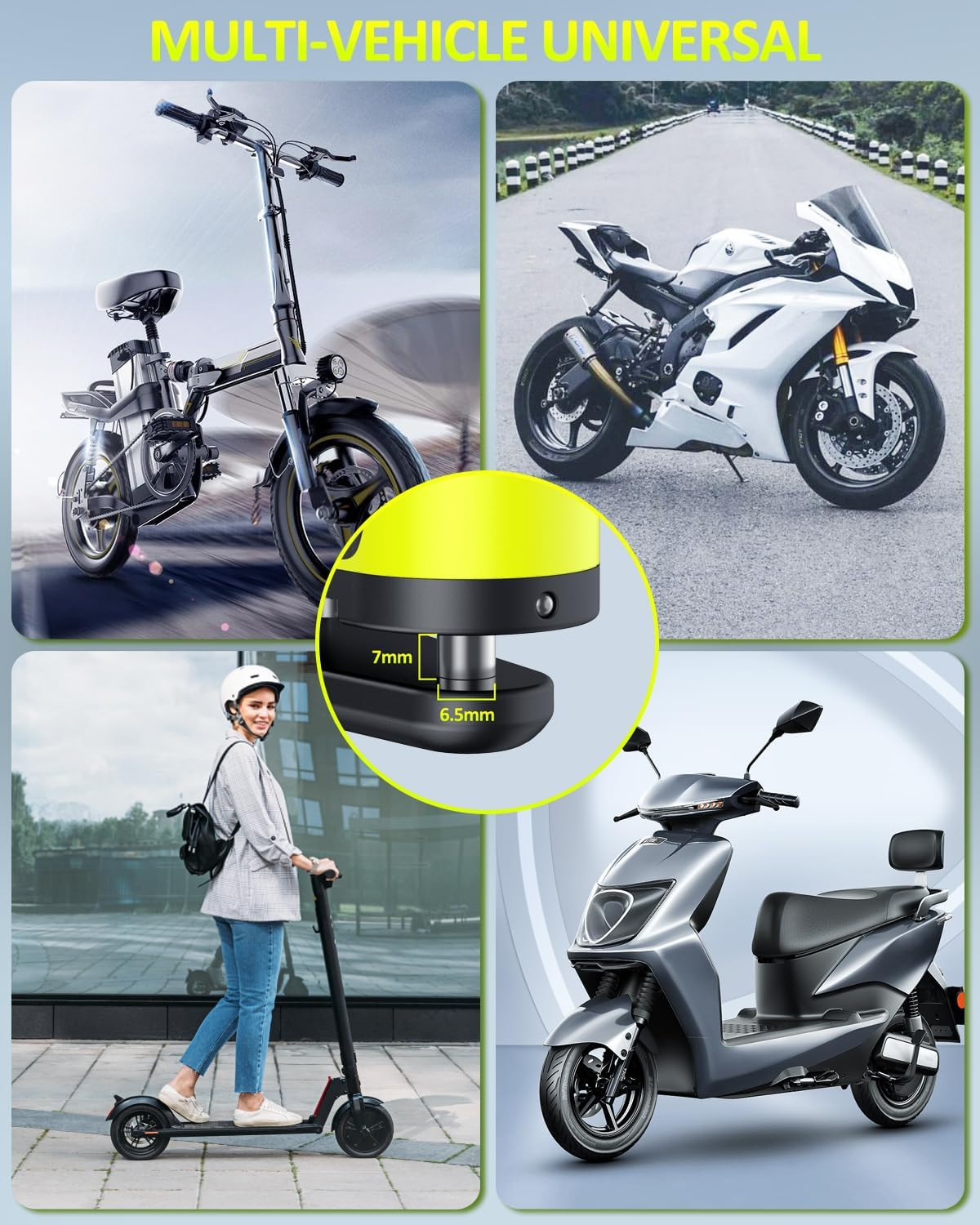 ONVIAN Rechargeable Motorcycle Lock with 6FT Steel Wire Anti-Theft Cable, 120Db Motorcycle Alarm with Rest Mode, for 7Mm Pin Ebike Electric Scooter Motorcycle Moped Disc Brake (Lemon Yellow)&hellip; image number 5