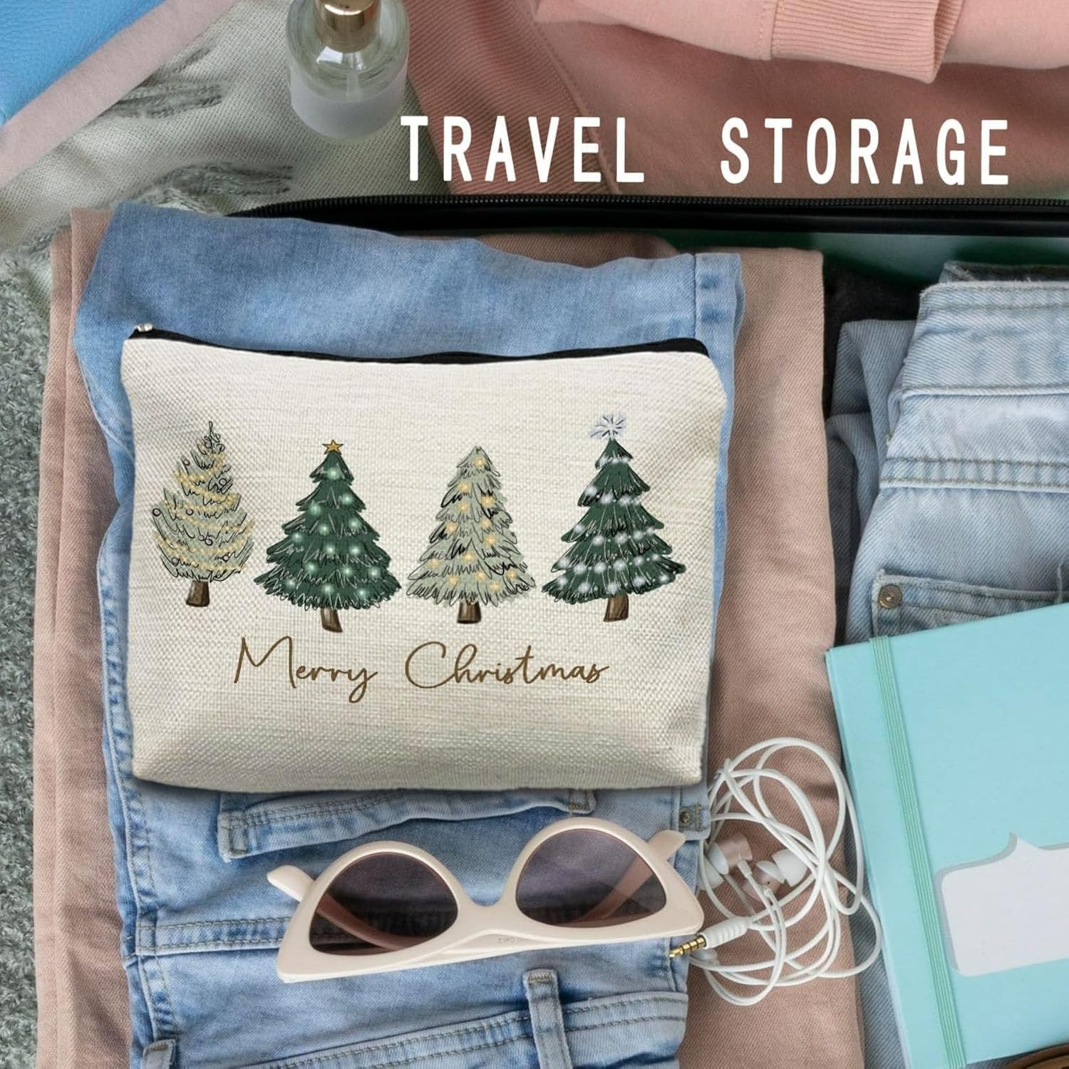 Itadaku Christmas Makeup Bag for Women, Travel Zipper Cosmetic Pouch with Christmas Tree Design, Holiday Organizer Gift, for Toiletries & Brushes (25 X 17 X 6 Cm) image number 4