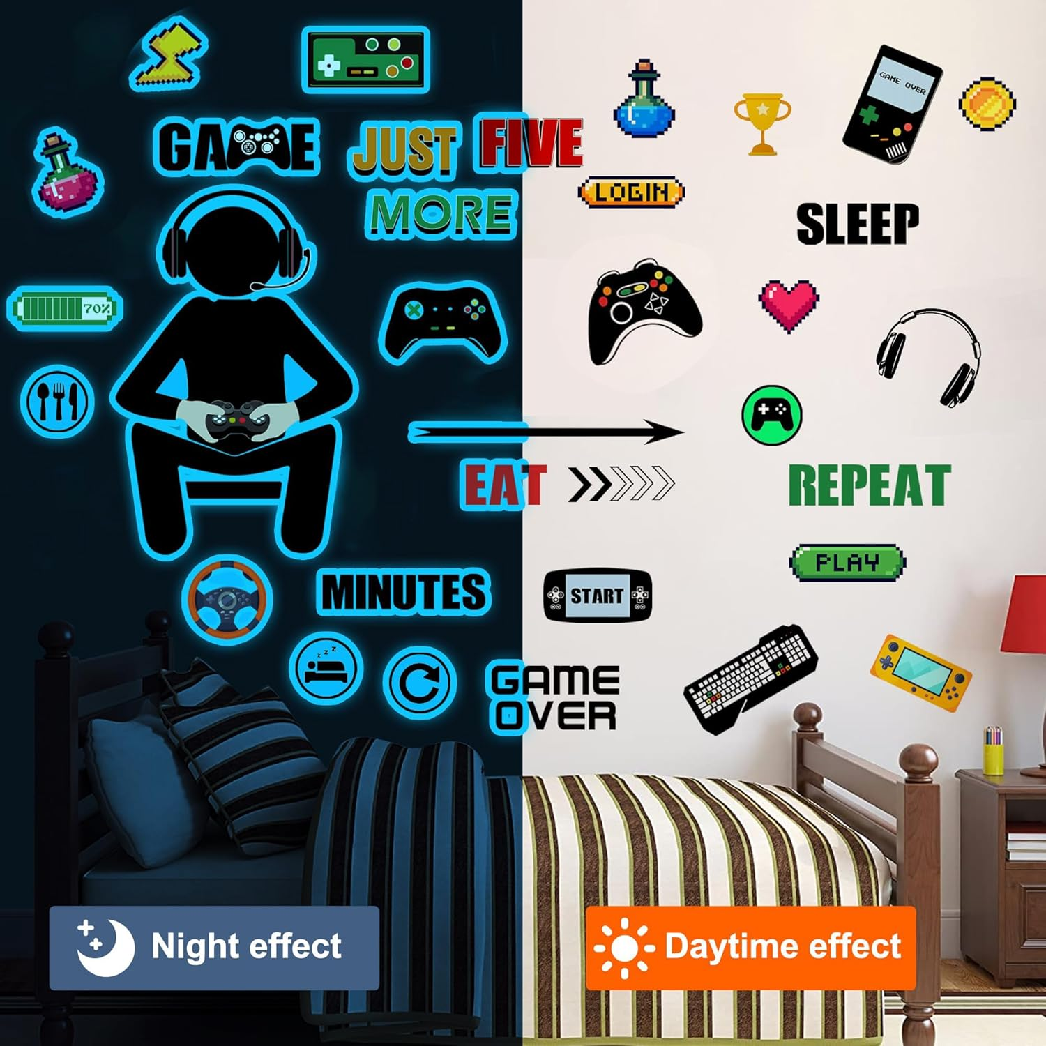 Gamer Wall Decals Stickers Glow in the Dark Wall Decals Game Wall Stickers Gaming Controller Wall Decals Game Room Decor Video Game Decal for Boys Kids Girls Bedoom Playroom Wall Decor&hellip; (Sky Blue) image number 4