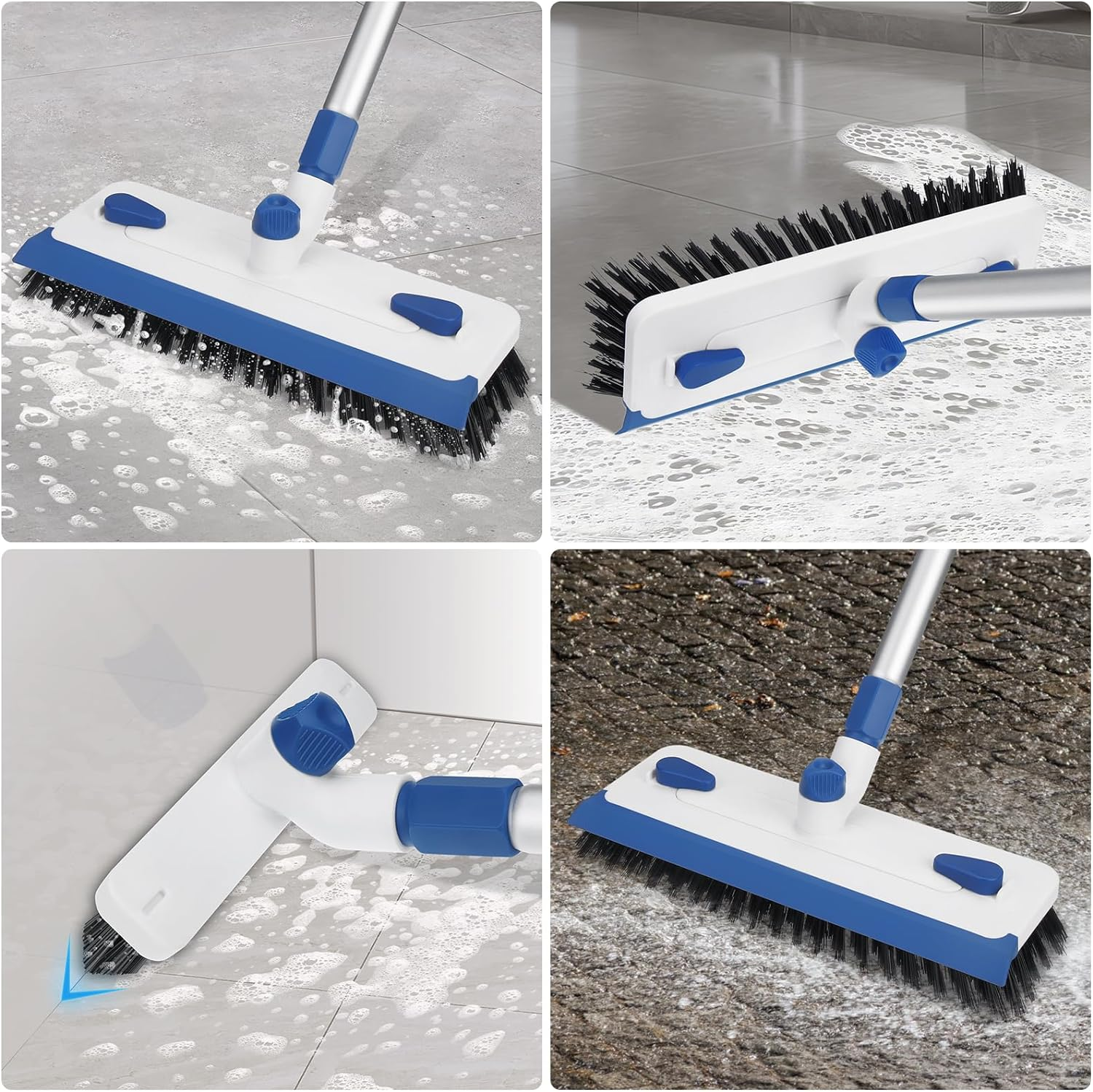 Qaestfy 3 in 1 Floor Scrub Brush with Squeegee, 55'' Extendable Long Handle Floor Scrubber Cleaner for Tile, Garage, Concrete, Rug, Shower Bathroom - Blue image number 2