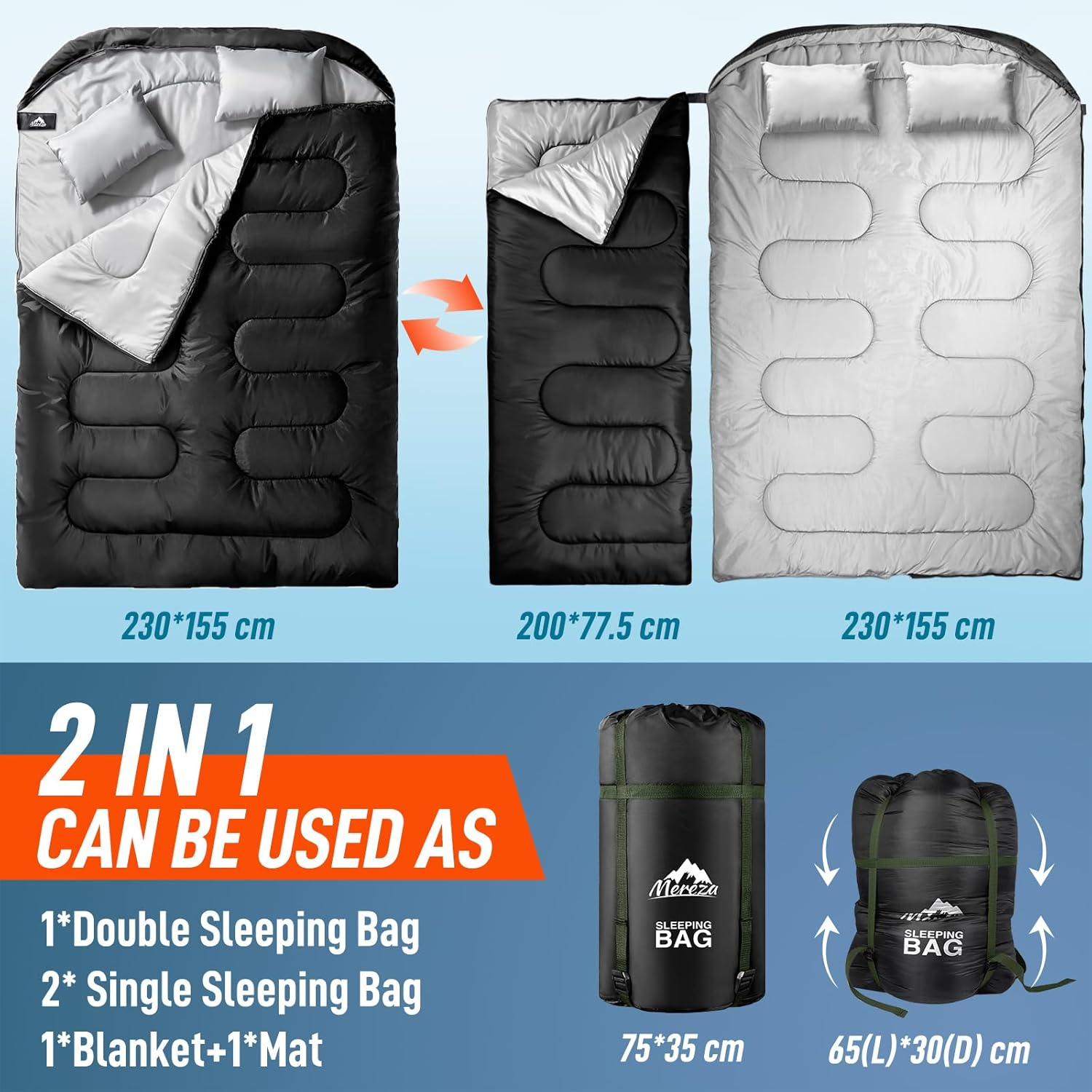 MEREZA Double Sleeping Bag for Adults Mens with Pillow, XL Queen Size Two Person Sleeping Bag for All Season Camping Hiking Backpacking 2 Person Sleeping Bags for Cold Weather & Warm image number 5