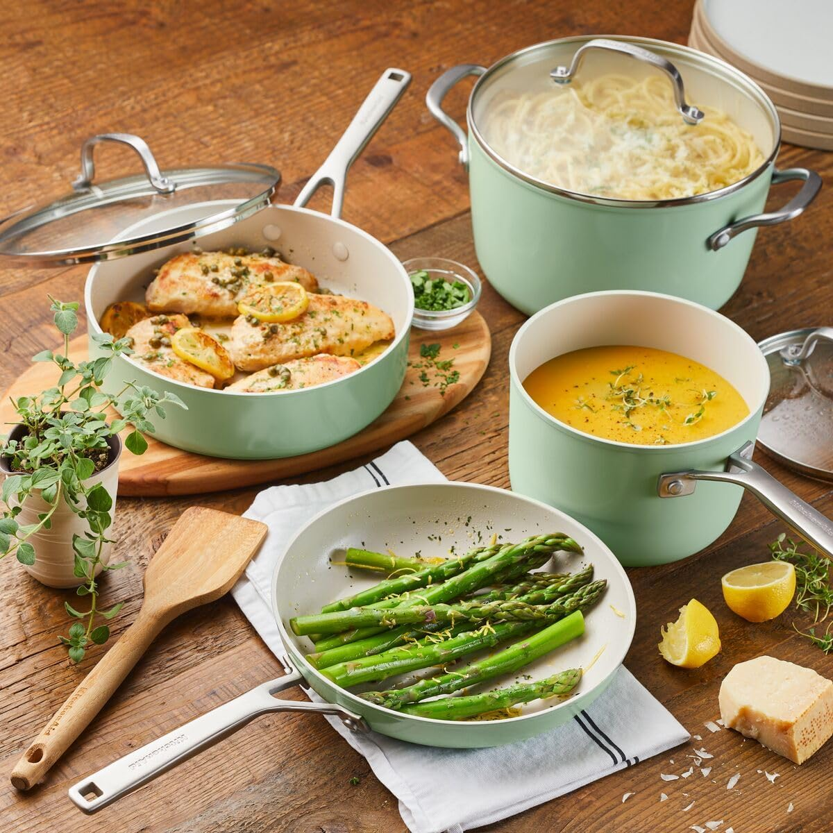 Kitchenaid Hard Anodized Ceramic Ceramic Nonstick Cookware Pots and Pans Set, 9 Piece - Pistachio image number 1