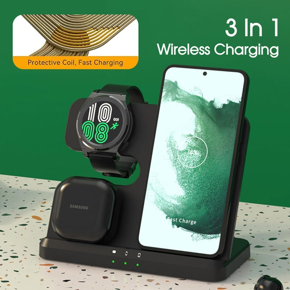 Ledlabs 3-In-1 Wireless Charging Station for Samsung &ndash; 15W Fast Charger Stand/Dock for Galaxy S24/S23 Ultra, Watch 7/6, Buds Pro/Live