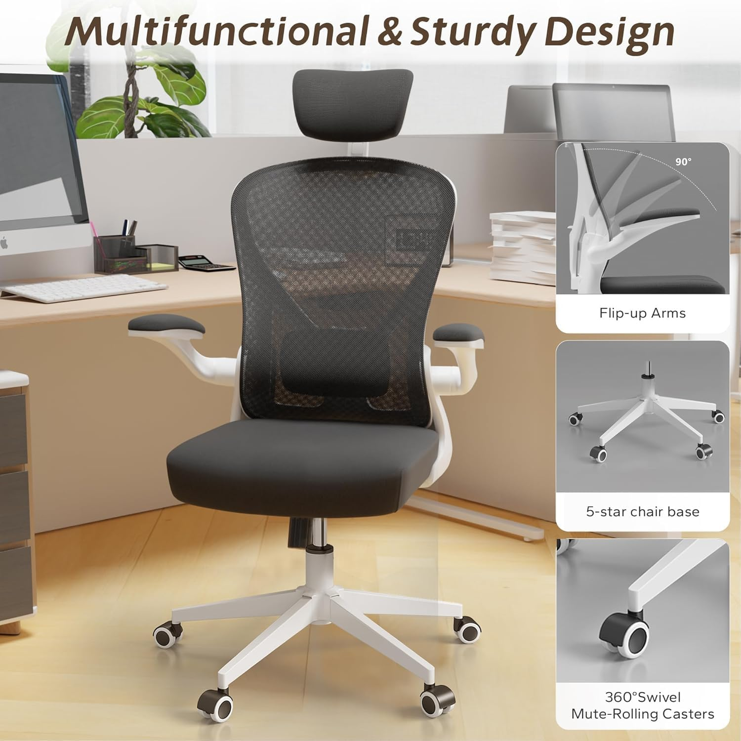 Computer Chair, Ergonomic Office Chair with Flip-Armrest & Cushion for Lumbar Support, Home Office Desk Chairs with Wheels, Adjustable Office Chairs for Study and Work (White Black) image number 1