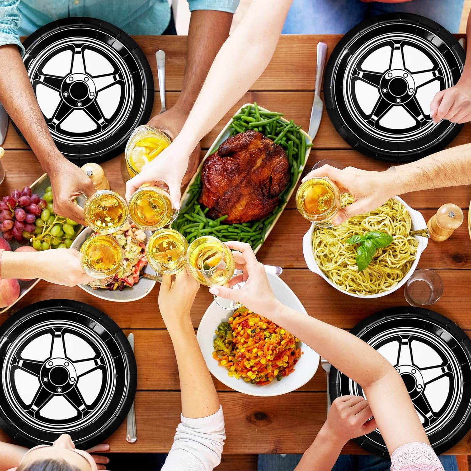 Jarthenaamcs Racing Car Plates Car Wheel Disposable Paper Plates Black White Dinner Plates 9 Inch Dessert Plates for Party Supplies Table Decor, 24Pcs image number 2