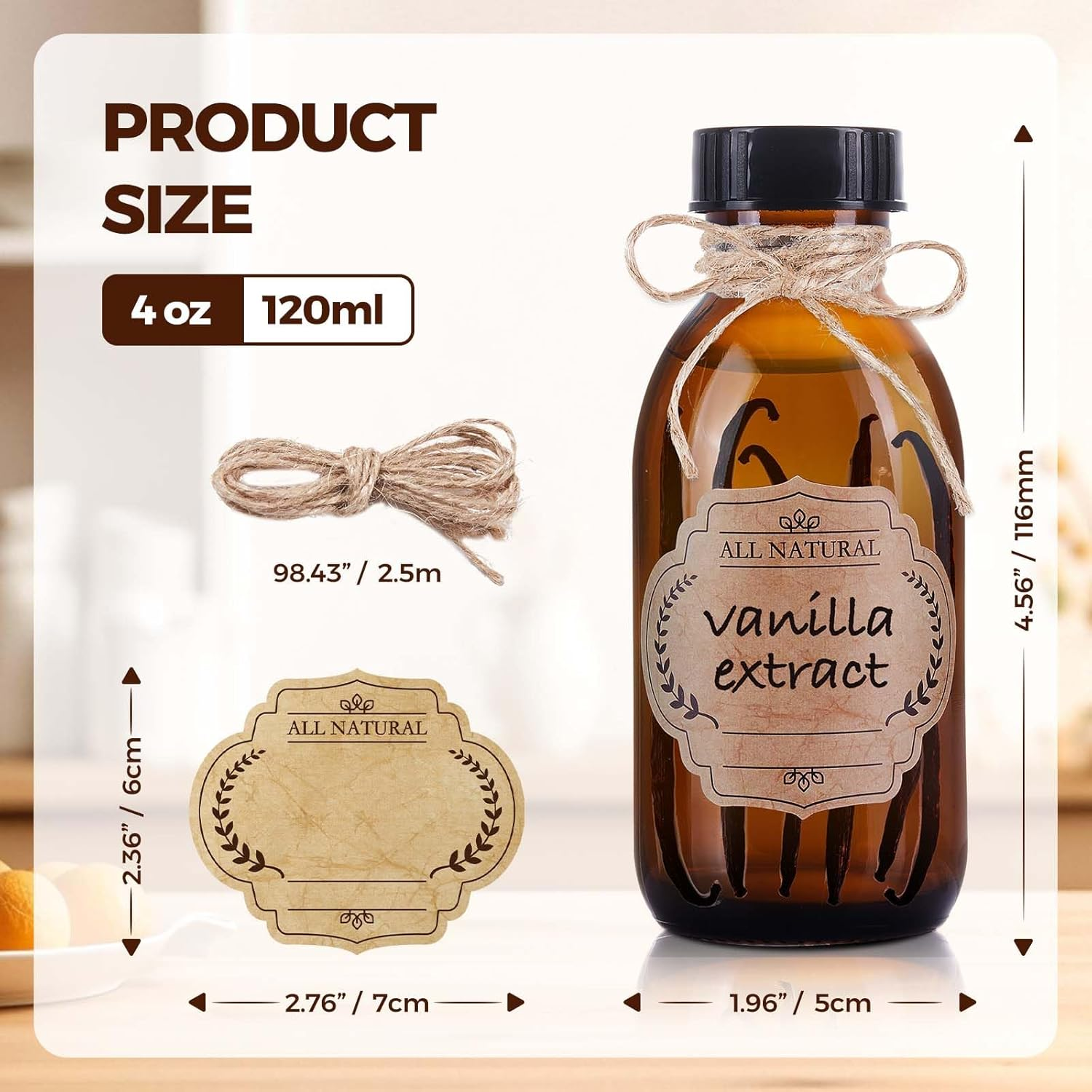 Elumeiro 12 Pack 4 Oz Amber Boston Glass Bottle with Cap, Empty Brown Glass Bottles for Homemade Vanilla Extract, Essential Oils, Juice, Syrup, Liquids, Potion, Herbal Perfume, Hot Sauce image number 5