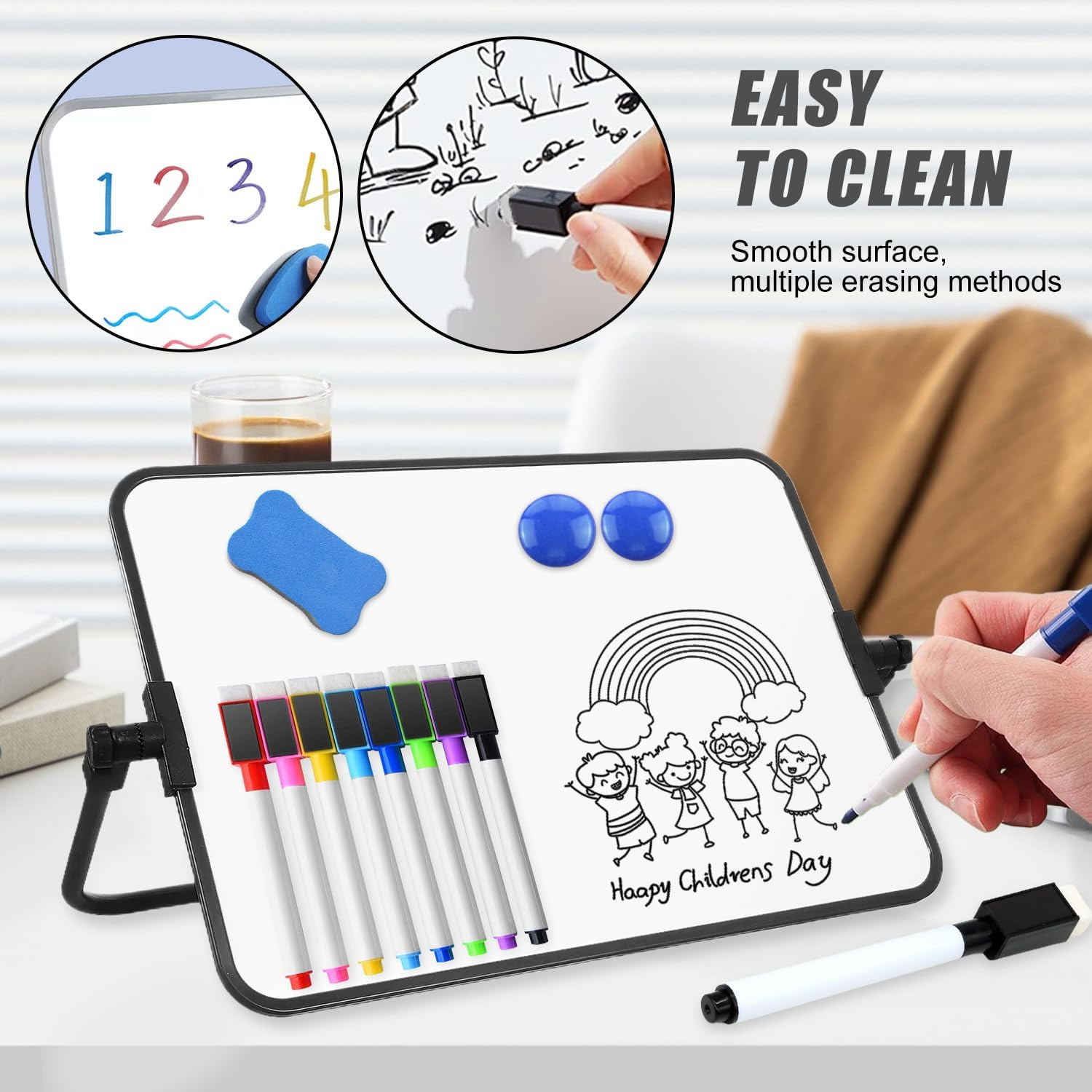 Magnetic Dry Erase Whiteboard with Stand, 42 X 30 Cm Double-Sided Desktop Small White Board Set, with 8 Markers, 4 Magnets and 1 Eraser, Portable Mini Whiteboard for Drawing, Office, Home, School
