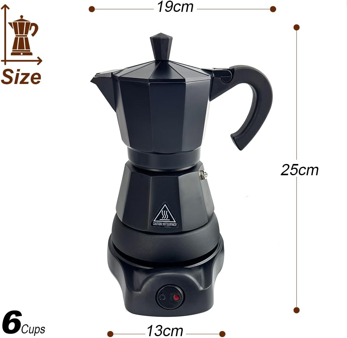 Mornest Aluminium Electric Moka Pot Coffee Maker, Electric Espresso Maker Auto Shutoff, Italian Classic, 360 Degree Rotating Base, 3/6 Cups (150/300Ml), Red/White/Black/Blue/Silver (Black, 6 Cups) image number 5