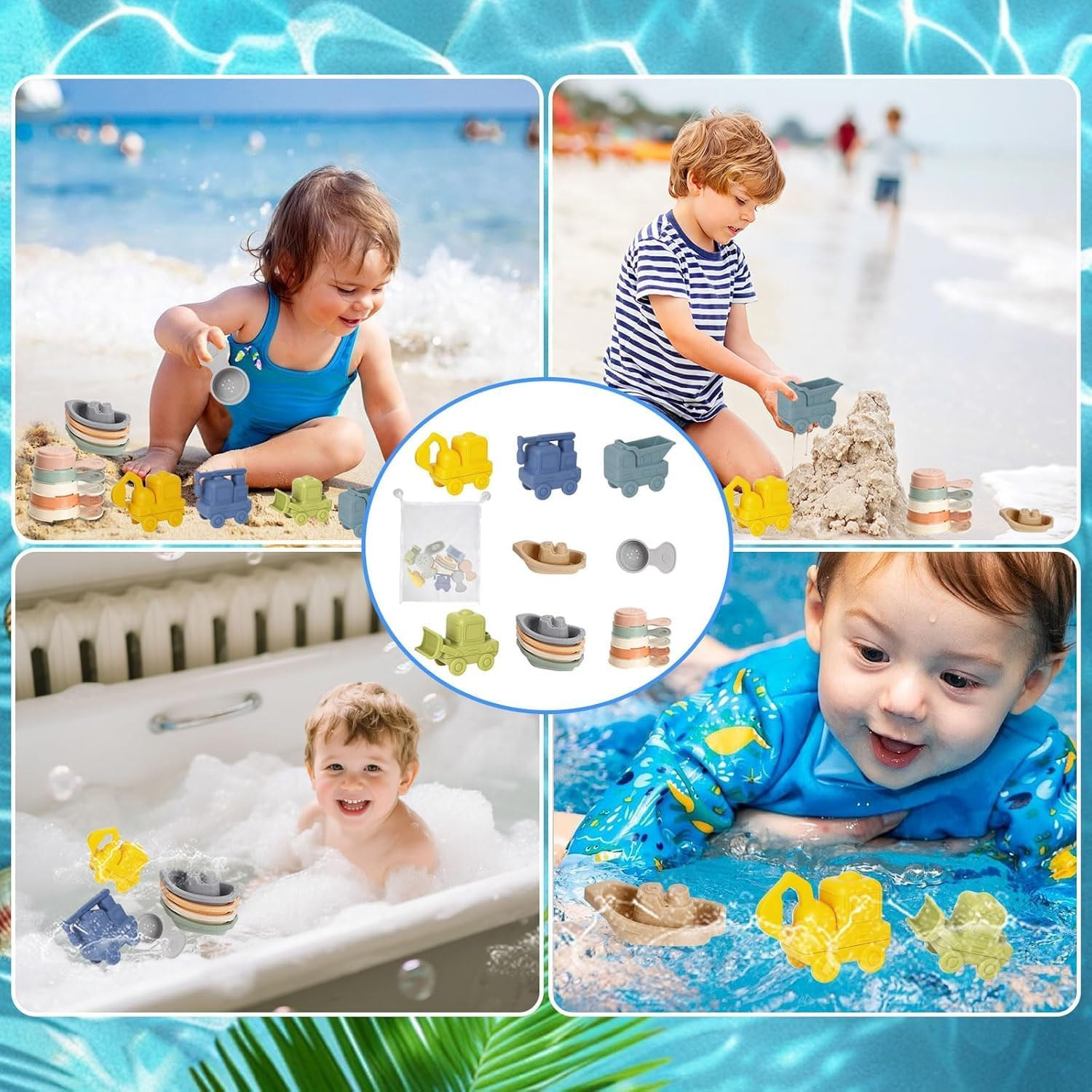 Silicone Baby Bath Toys, 15 Pcs Infant Squirty Bathtub Toys, Floating Bath Toys with Bath Boats/ Stacking Cups/ Car Water Spray Toys/ Storage Bag for 1 2 3 4 Boys Girls Kids image number 2