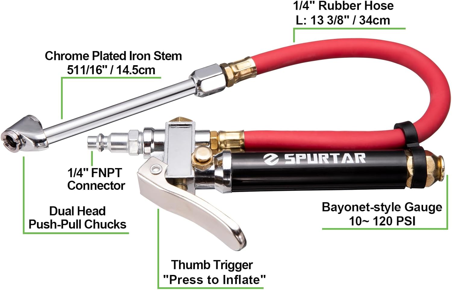 Spurtar 10-120 PSI Car Tire Inflator Gauge with 4 Way Tool and Valve Cores Automobiles Tire Pressure Gun with 12" Hose for Truck Motorcycle Bicycle