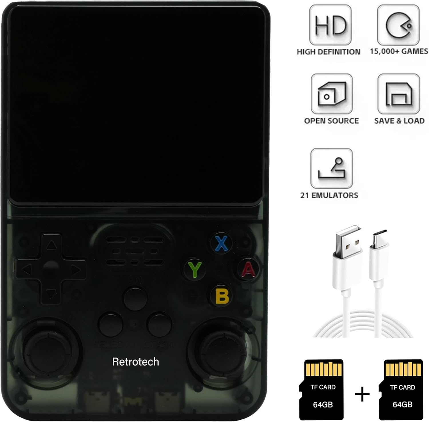 Retrotech R36S Handheld Video Game Console with Build-In 15000 Games (Black Transparent) image number 5