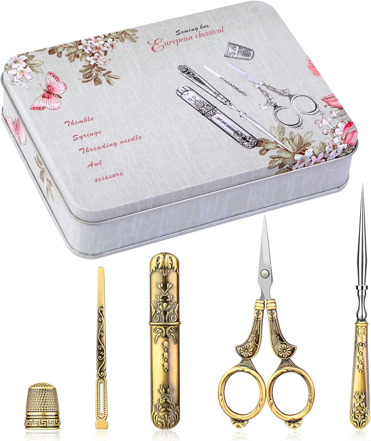 BUTUZE Embroidery Scissors Kit, European Antique Vintage Sewing Kit, Complete Vintage Sewing Tools with Embroidery Scissors, Original Case, Sewing Needle Case, Awl for Sewing, Craft, Needlework