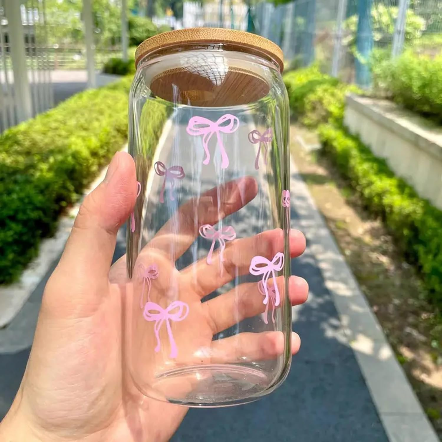 Pink Bow Tumbler with Straw and Lid Aesthetic Glass Cups Iced Coffee Cup Pink Cute Glass Cups 17Oz Tumbler Smoothie, Gifts for Girls Women Friends, 520Ml image number 3