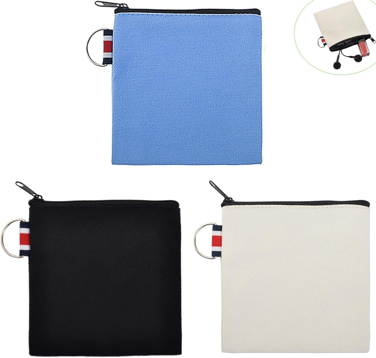 Dracra 3 Pack Small Canvas Zipper Pouch with Hanging Ring Square Pocket Carrying Purse Travel Storage Organizer Case Mini Toiletry Bag for Makeup Lipstick Cosmatic Change Coins Earphone Charger Cable, image number 3