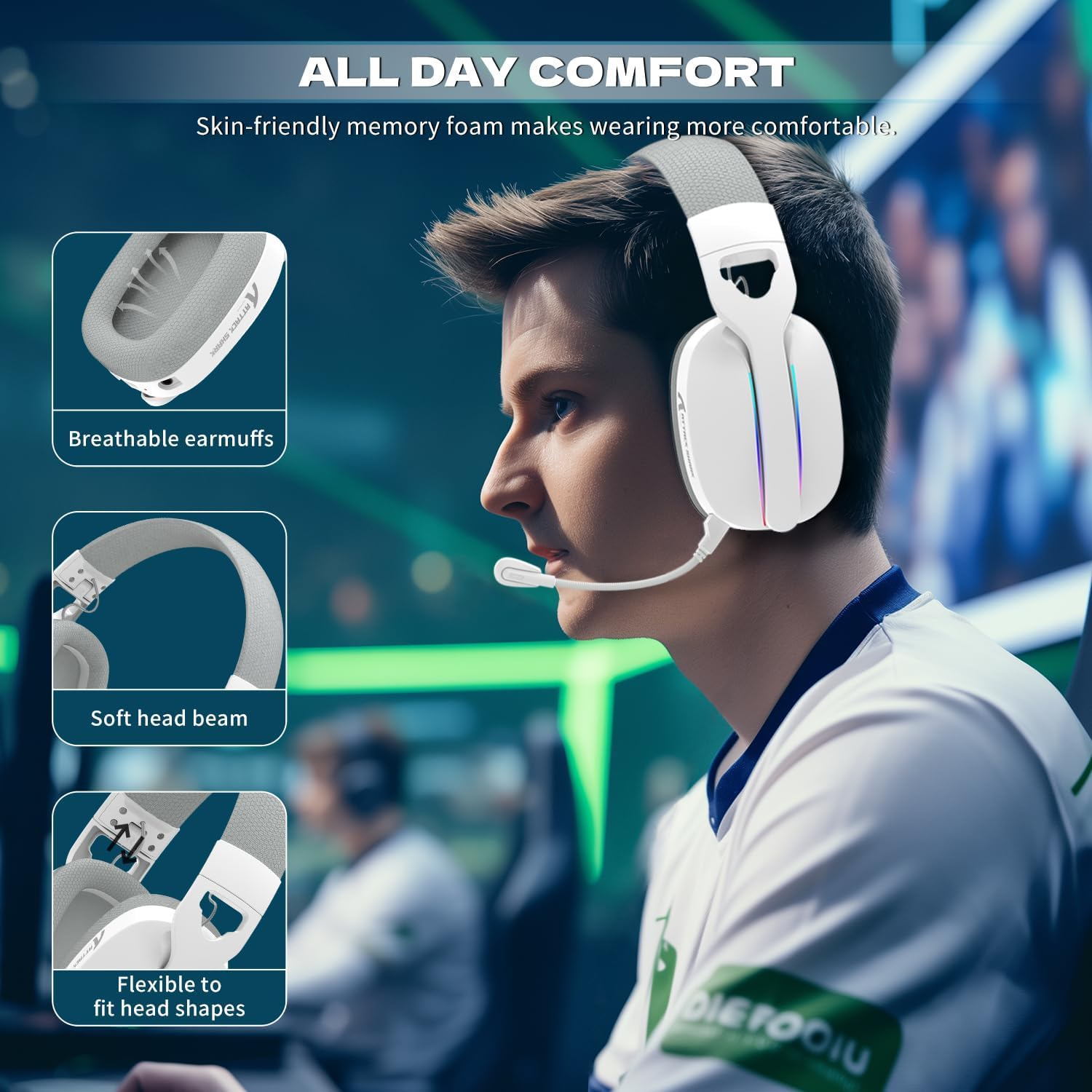 MAMBASNAKE X Attack Shark L90 Flodable Ultra-Light Wireless Gaming Headset, 7.1 Surround Sound, Bt5.3/2.4Ghz/Wired, RGB, 40Mm Neodymium Drivers,Pluggable Microphone, for Pc/Ps4/Ps5/Switch-White image number 5