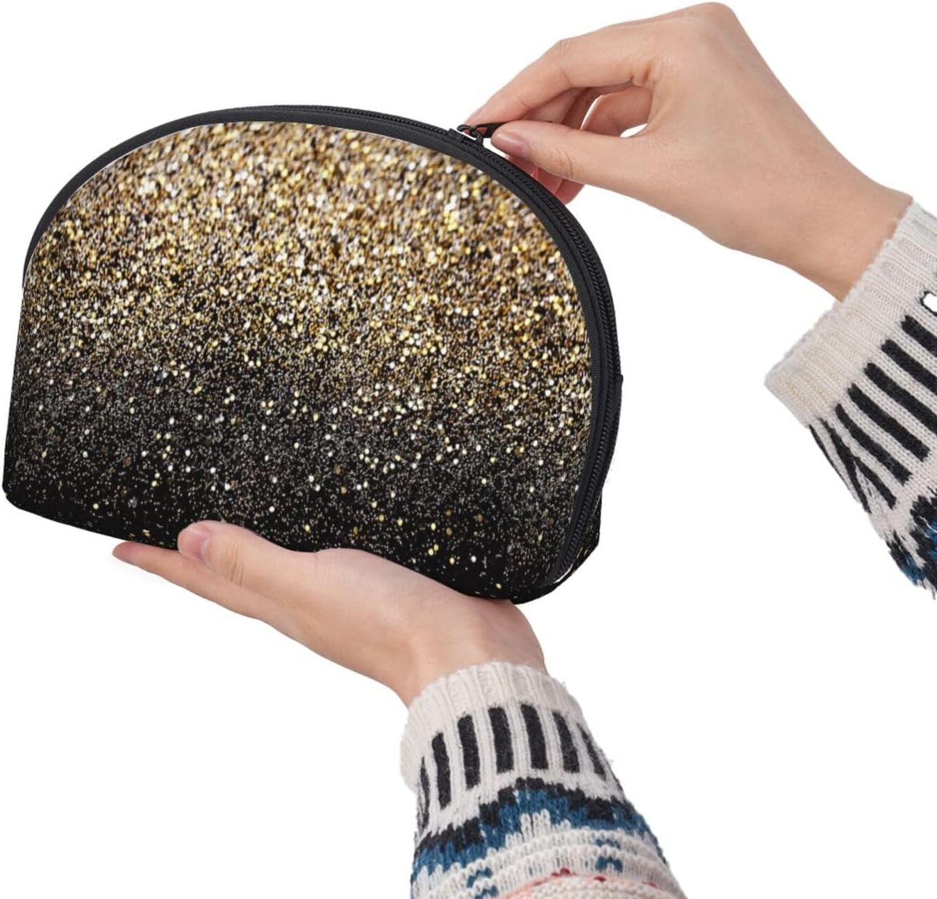Coin Pouch Makeup Bags Set, 2 Piece Shell Shape Cosmetic Bag with Pockets for Daily Travel Handbag Lipstick Keys Toiletry, Personalized Golden Glitter Black Gold Dots image number 6