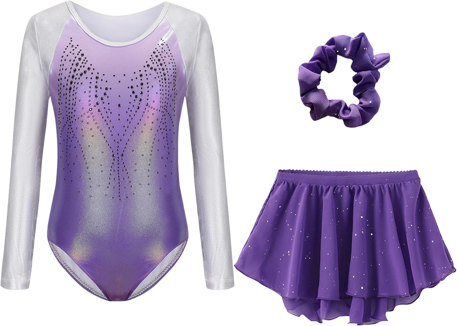 FEOYA Girls' Multicolour Gymnastics Leotard Skirt Set Long Sleeve Ballet Outfit