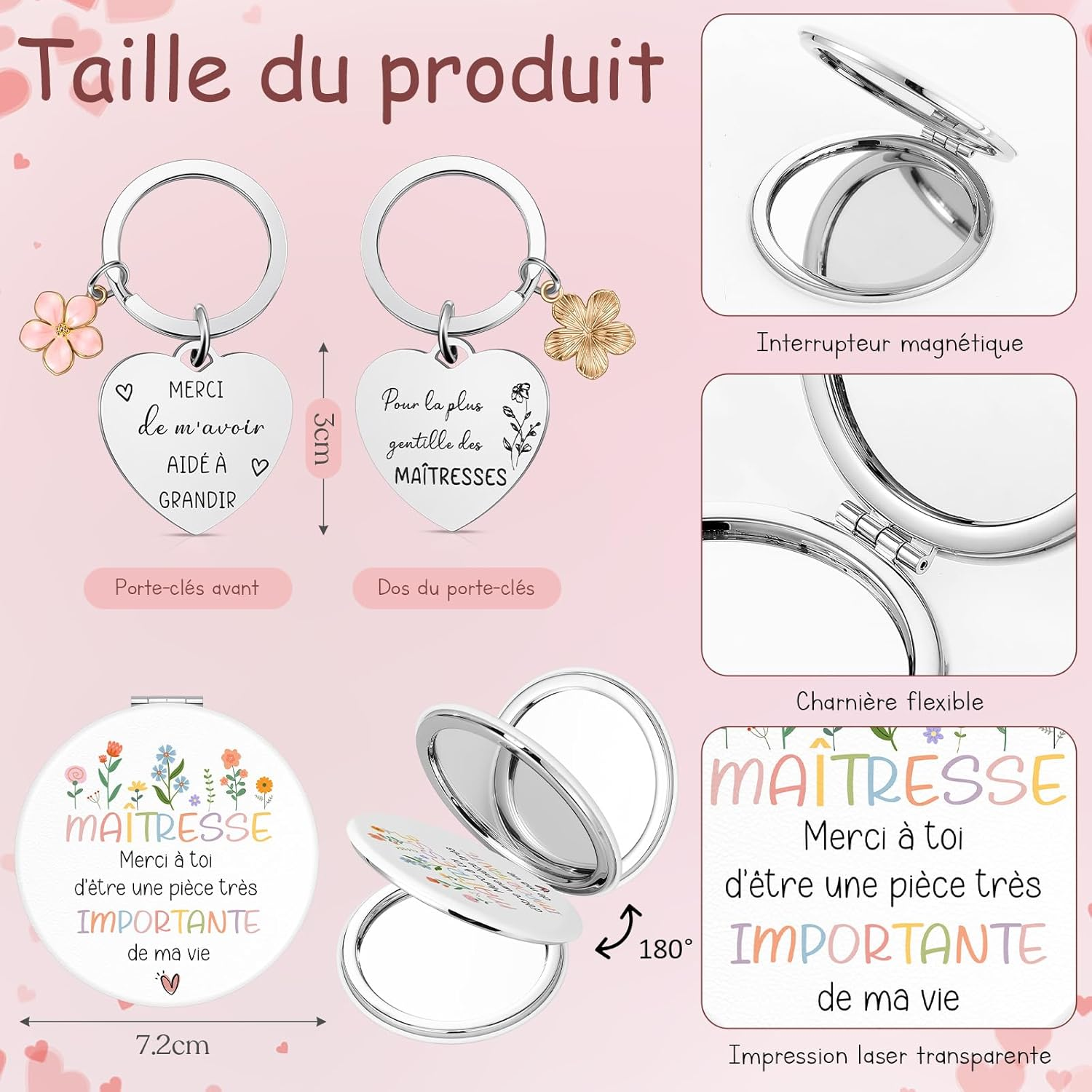 Xuniea Set of 3 Thank You Gift Set for Teachers Includes 1 Cosmetic Bag for Teachers, 1 Makeup Mirror with Magnifying Glass and 1 Double-Sided Keyring with Engraving image number 1