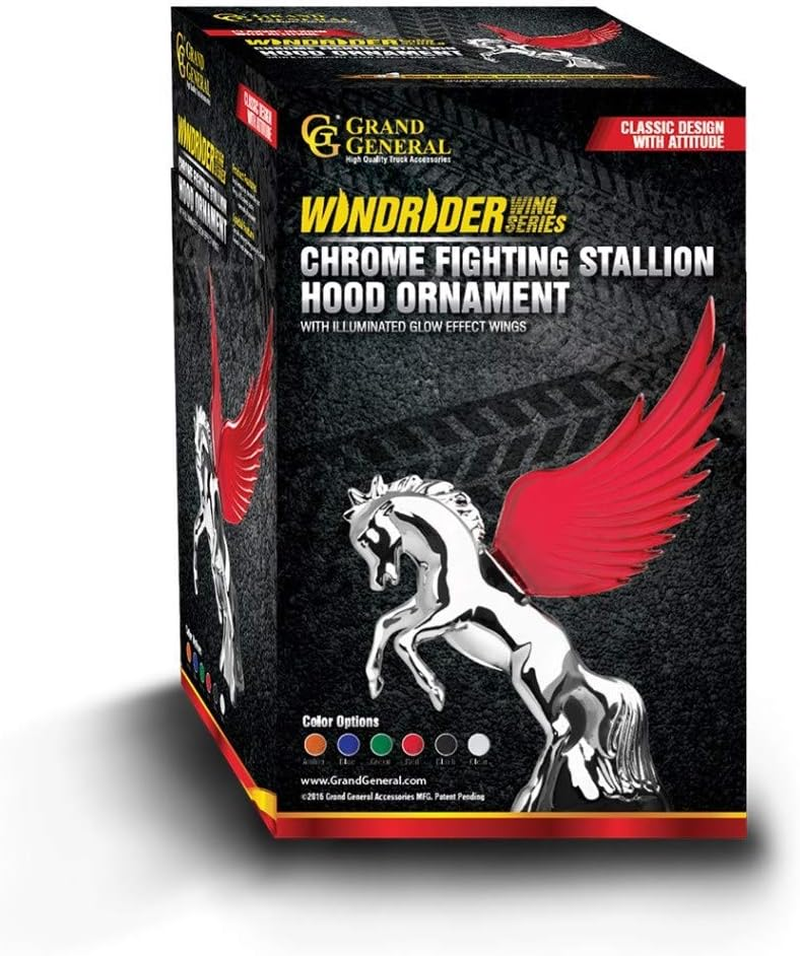 GG Grand General 48394 Black 6.5 X 7.5 Inches Chrome Fighting Stallion Hood Ornament with Windriders