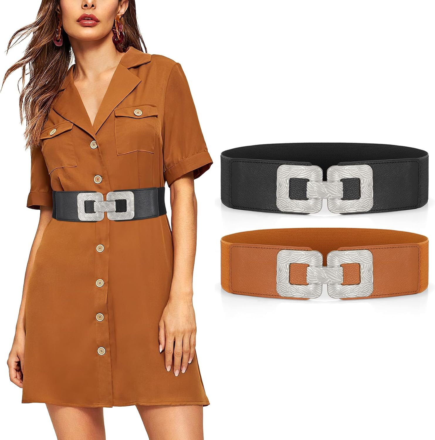 DDPOND 2 Pack Womens Wide Elastic Stretch Waist Belts for Dresses Fashion Ladies Belt Waistband with Square Gold Buckle Silver Black/Brown M