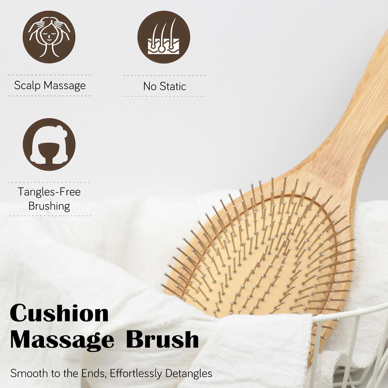 Bamboo Hair Brush, with Metal Bristles - Anti-Static, for Smoothing & Massage & Detangling, for All Hair Type, Men, Women, Children image number 3