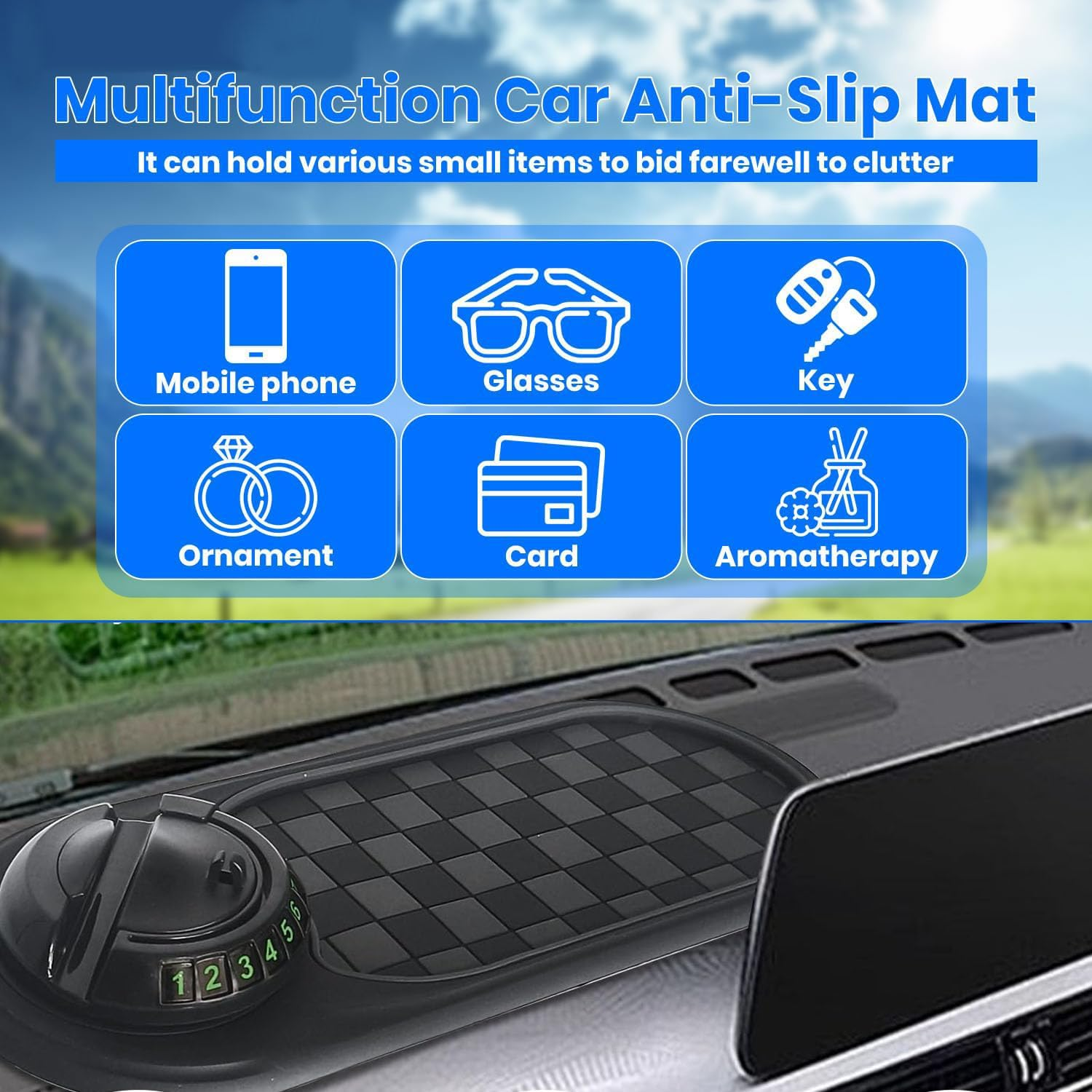 4-In-1 Multifunction Car Anti-Slip Mat with 360&deg; Rotatable Phone Holder, Hidden Parking Number, Dashboard Pad for Sunglasses, Keys, Coins, Gadgets image number 3
