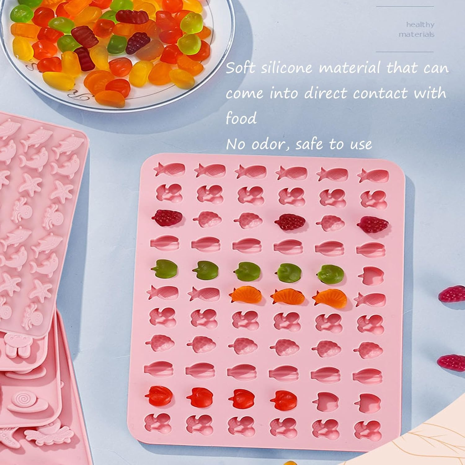 3 Pack Candy Molds Silicone,Fruit Snack Molds,Cute Object and Marine Animals,Non-Stick Silicone Candy Molds Reusable Nonstick Chocolate Molds with 2 Droppers image number 4