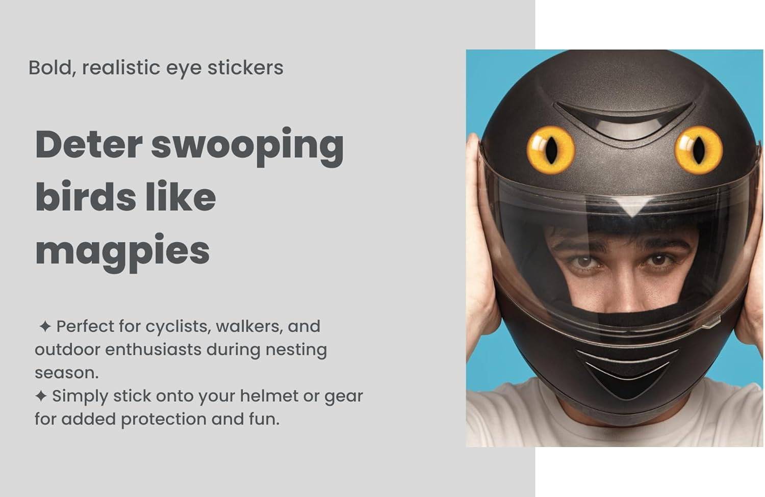 Anti-Swooping Eye Stickers, 12 Pack Cat Eye Decals, Magpie Attack Deterrent for Bike Helmet, Weatherproof Vinyl Peel and Stick, Australian Made image number 5