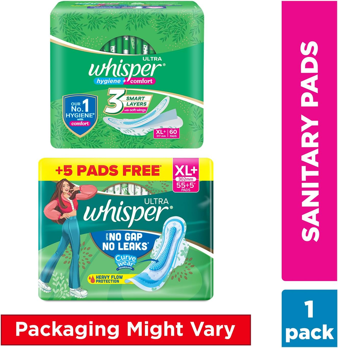 Whisper Ultra Clean Sanitary Pads for Women, XL+ 60 Pads (42+18 Pads Free) image number 1
