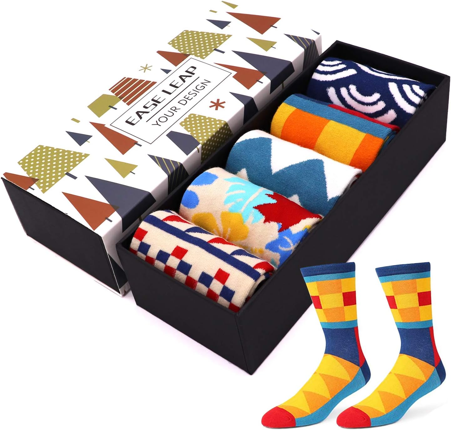 EASE LEAP Mens Dress Socks Funny Colorful Patterned Hosiery Funky Novelty Crew Cotton Socks for Women with Gift Box Size 11-14