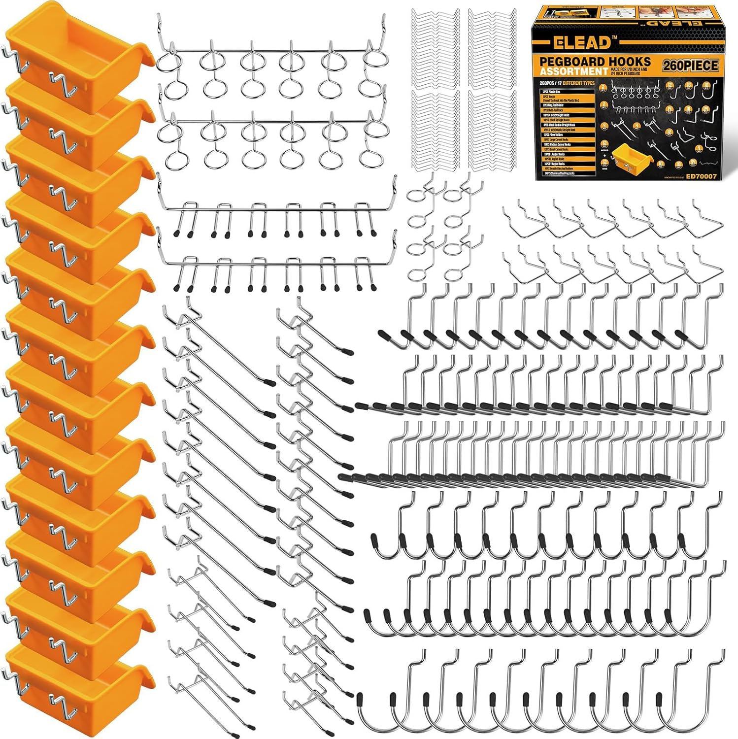 ELEAD 260 Piece Pegboard Hooks 1/8 and 1/4 Inch Peg Board Organizer Accessories with Pegboard Bins for Organizing Various Tools in the Garage Kitchen Bathroom Craft Room image number 1