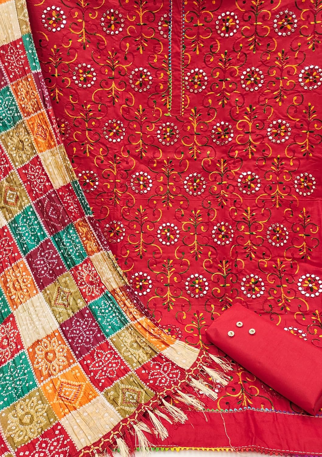 Sidhidata Women'S Poly Cotton Embroidery Work Unstitched Salwar Suit Dress Material with Bandhej/Bandhani Print Dupatta (Free Size) - D Red image number 4