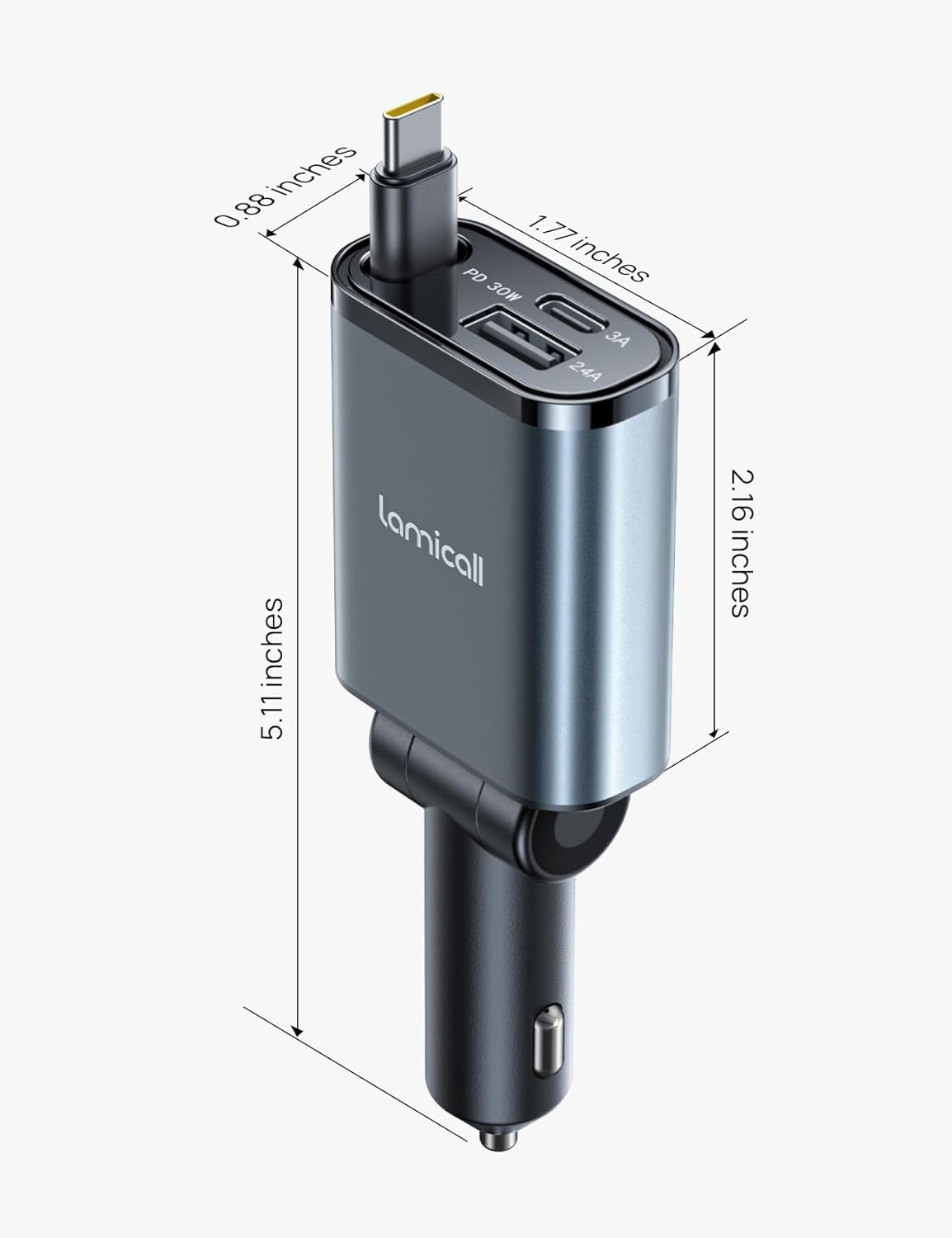 Lamicall Retractable Car Charger 3 in 1 USB C Fast Charging [Ultra-Compact, 75% Less Space] 57W Type C Car Charger Fit Iphone 16 16E 15 Pro Max plus Samsung Galaxy S25 S24 Ultra Pixel Android image number 3