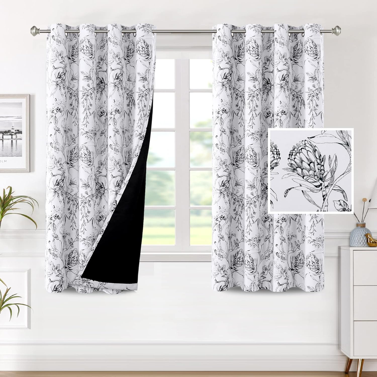 H.VERSAILTEX 100% Blackout Curtains for Living Room Camellia Floral Light Blocking Window Treatment Curtains with Black Liner Grommet Thermal Drapes, 2 Panels Set, Each W132Cm X D213Cm, Black